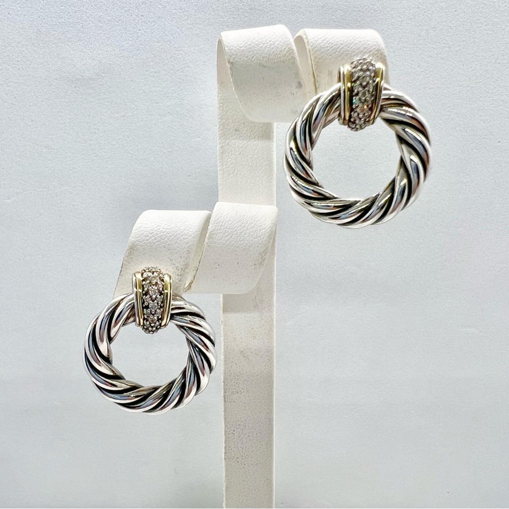 David Yurman Sterling Silver 18k Diamond Cable Door Knocker Earrings - Picture 9 of 12